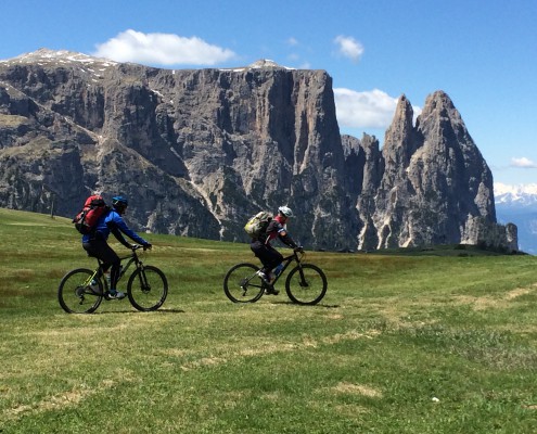 Biker fahren über eine Wiese mit einem Berg im Hintergrund