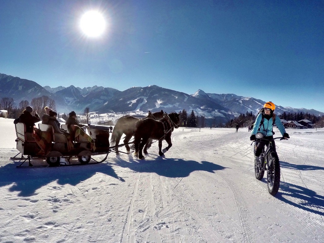 Fatbiken neben Pferdekutschen